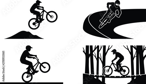 Fotografie Silhouette illustration set of mountain bike and bmx riders performing jumps tur