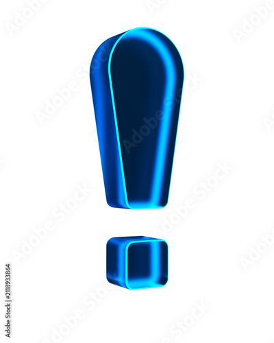 Neon glass exclamation point on white background. Isolated 3D illustration