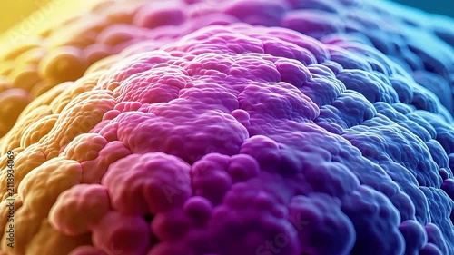 Microscopic View of Colorful Biological Cell Surface with Detailed Texture and Vibrant Lighting.