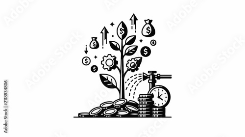 A conceptual illustration depicts money growth with coins a plant and irrigation