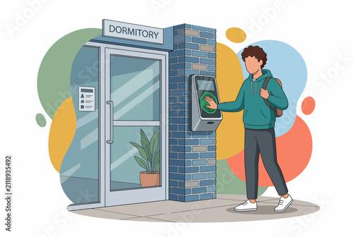 Student using biometric palm scanner at dormitory entrance
