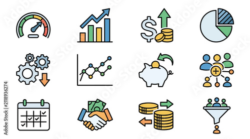 Professional Colorful Icons Set Showcasing Business Growth Finance Productivity and Investment Concepts
