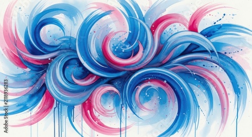 Abstract watercolor painting with flowing blue and pink brushstrokes creating dynamic swirling patterns on white background