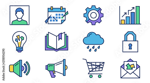Sleek Colorful Icons Set Featuring Human Calendar Gear Chart Lightbulb Book Cloud Lock Speaker Megaphone Shopping Cart Envelope with Abstract Art