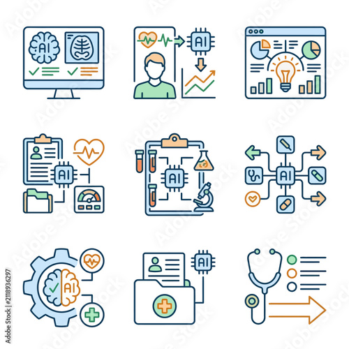 Modern Digital Healthcare and Medical AI Integration Concept Illustrated with Colorful Icons and Diagrams