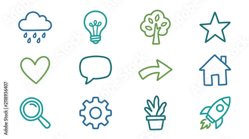 Elegant Minimalist Line Icons Set with Blue Green and Teal Colors Featuring Weather Nature Communication and Innovation Symbols