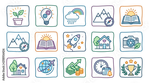 Dynamic Colorful Illustrated Icons Set Showcasing Diverse Concepts with Flat Design Style with high quality professional line art symbols for modern creative design and digital branding projects