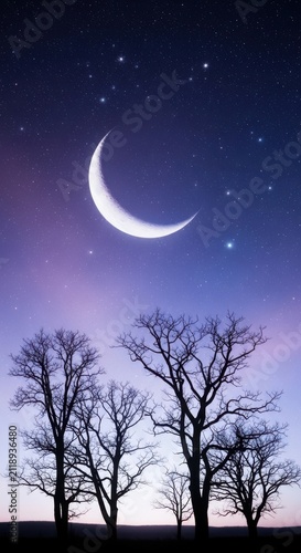 A serene night landscape featuring a glowing crescent moon hanging in a starry purple sky above a silhouette of bare trees
