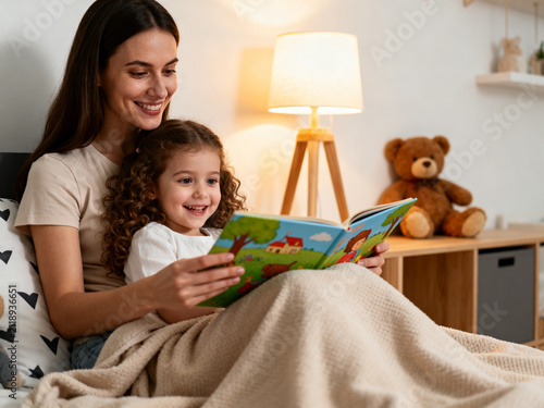 Tapety artystyczne Mother and daughter reading a bedtime story together in cozy bedroom