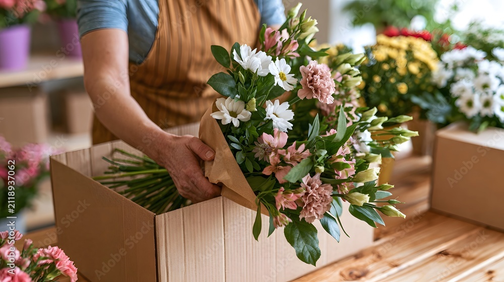 Obraz premium A person carefully wraps a colorful bouquet of flowers in brown paper for shipping inside a cardboard box