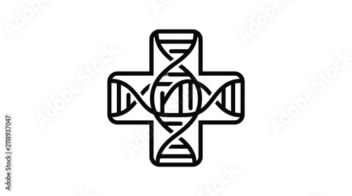 Fotografie Medical cross icon incorporates a DNA helix structure to represent genetic research