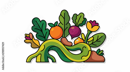 A colorful stylized composition of various vegetables and fruits