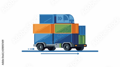 A colorful truck transports stacked cargo containers
