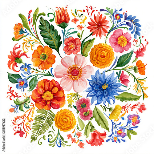 Colorful floral design with various flowers in Mexican style celebration. Isolated in watercolor style illustration