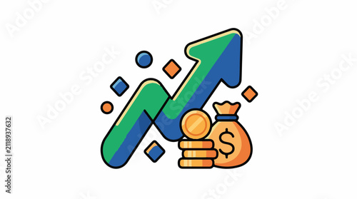 A colorful upward trend graph with coins and a money bag