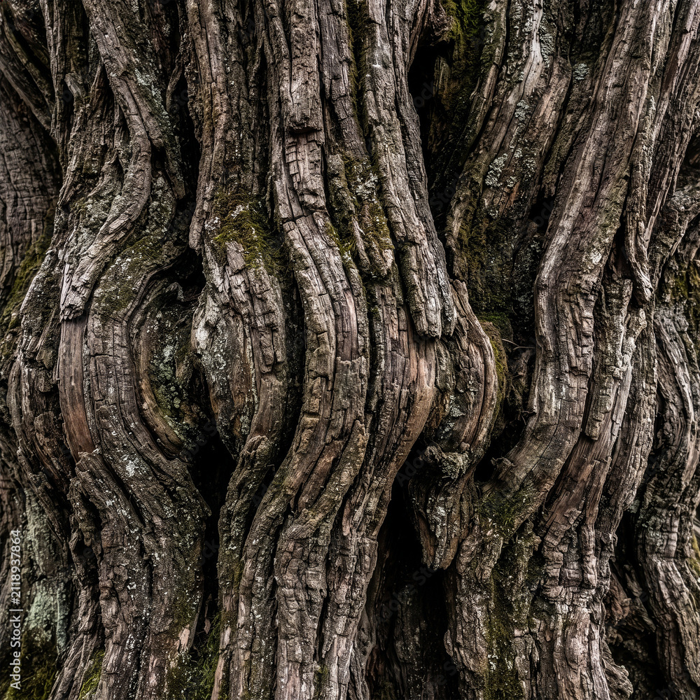 Fototapeta premium Texture 150 Weathered Old Tree Bark Texture with Moss and Deep Grooves（苔が生えた風化のある古木の樹皮テクスチャ）