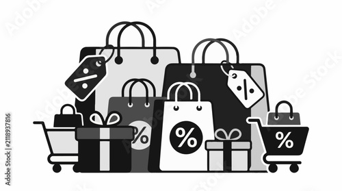 A collection of shopping bags gifts and carts with discount symbols