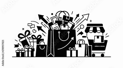 A collection of shopping bags gifts and a cart with upward arrows