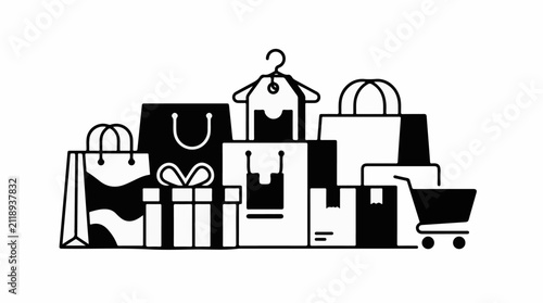 A collection of shopping bags gift boxes and a shopping cart