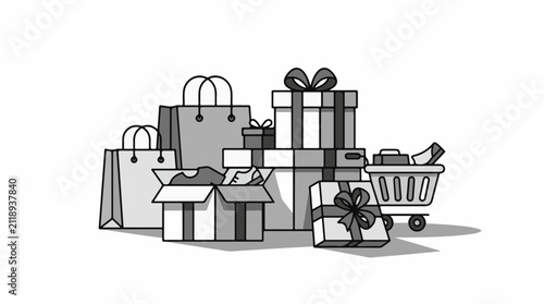 A collection of shopping bags gift boxes and a cart
