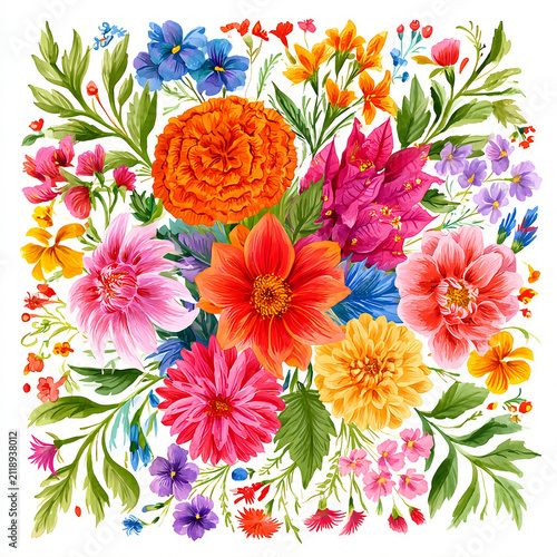 Vibrant Botanical Flower Bouquet Watercolor Illustration