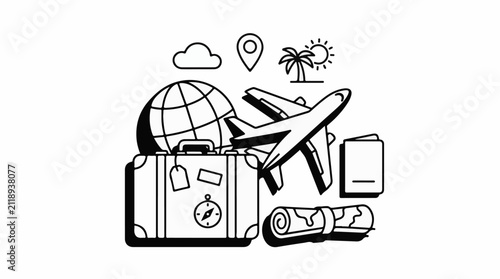 A collection of travel icons suitcase globe airplane passport map sun