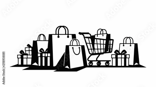A collection of shopping bags and gift boxes with a cart