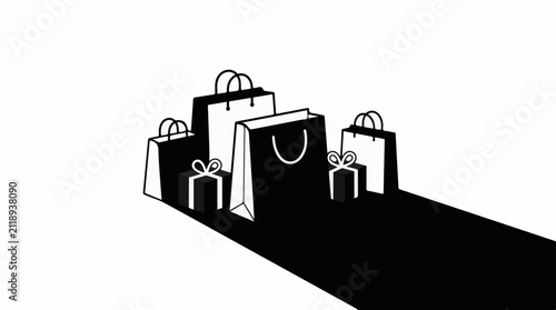 A collection of shopping bags and gift boxes with long shadows