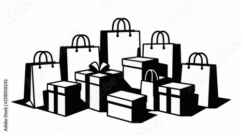 A collection of shopping bags and gift boxes arranged together