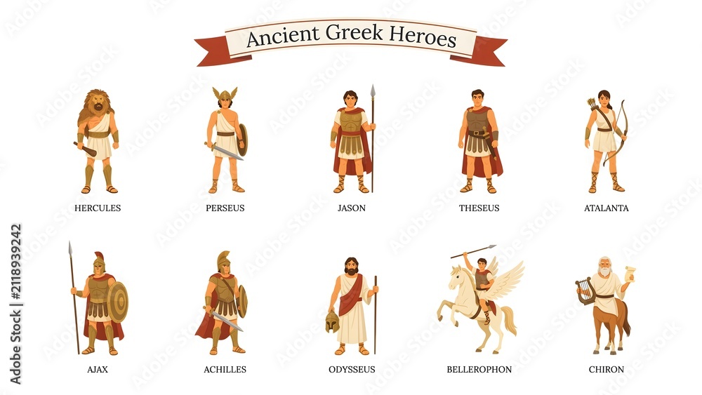 Naklejka premium Ancient greek heroes set with legendary mythological characters.