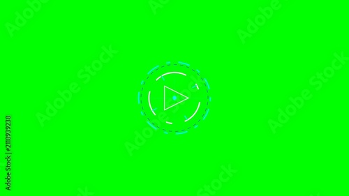A circular digital play button icon centered on a bright chroma green screen
