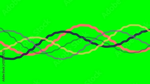 Abstract colorful wavy lines intersecting on a vibrant green background