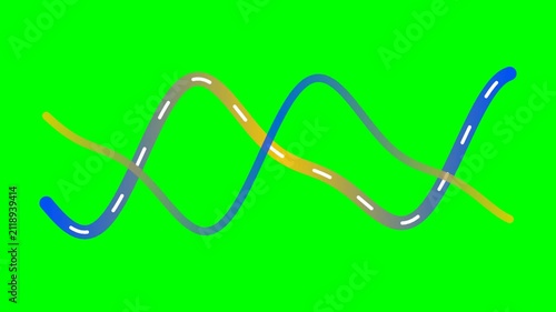 Two intersecting colorful wavy lines on a vibrant solid green background