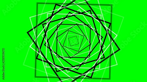 Rotating square geometric pattern against a vibrant green screen background