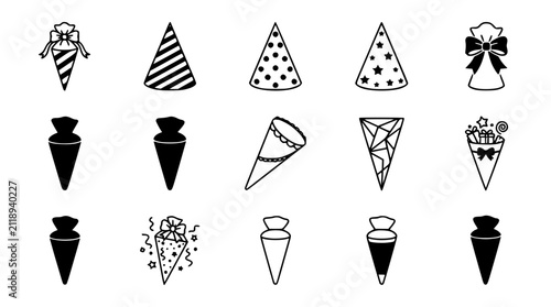 Party Hats and German Schultüte School Cone Icon Set Featuring Striped Polka Dot Festive Cones and Decorative Celebration Wrappings for School Enrollment