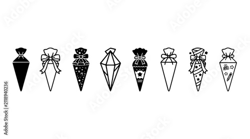 German Schultüte School Cone Vector Set Featuring Traditional First Day of School Gift Cones with Ribbons Bows Stars Flowers and Geometric Gift Wrapping Patterns