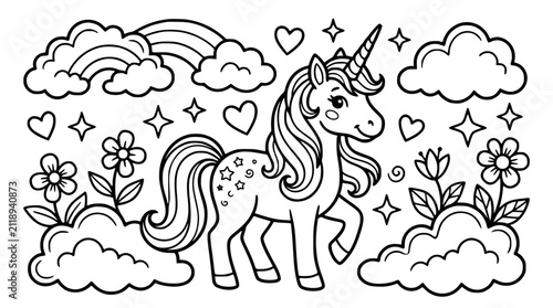 Magic unicorn coloring book page graphic design featuring a mythical pony character star sparkles and fantasy landscape scene