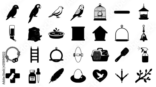 Pet bird care black icon set featuring parrots canary budgie cage birdhouse perch carrier and aviary supplies vectors