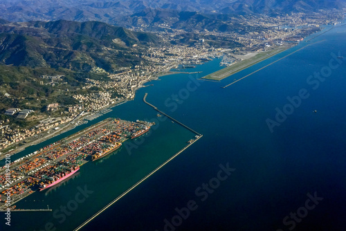 Aerial View of Genoa Coastline With Airport Runway, Port and Mountainous Urban Landscape