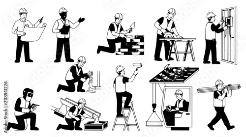 Construction worker and builder characters vector icon set featuring engineers laborers carpenters and electricians isolated on white