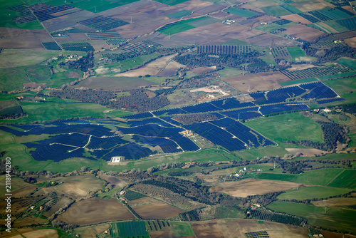 lazio solar panels aerial view from airplane window near bracciano lake italy