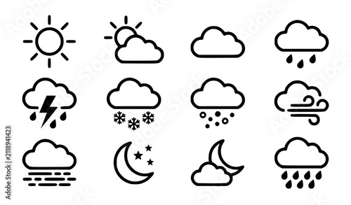 Canvastavla Simple Black and White Weather Icons Set for Climate Forecast and Meteorology Ve