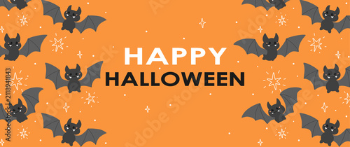 A Halloween orange banner with cute, comical bats. Cartoon template for celebrating October 31st. Autumn background design for a party, invitation, advertisement, or poster.