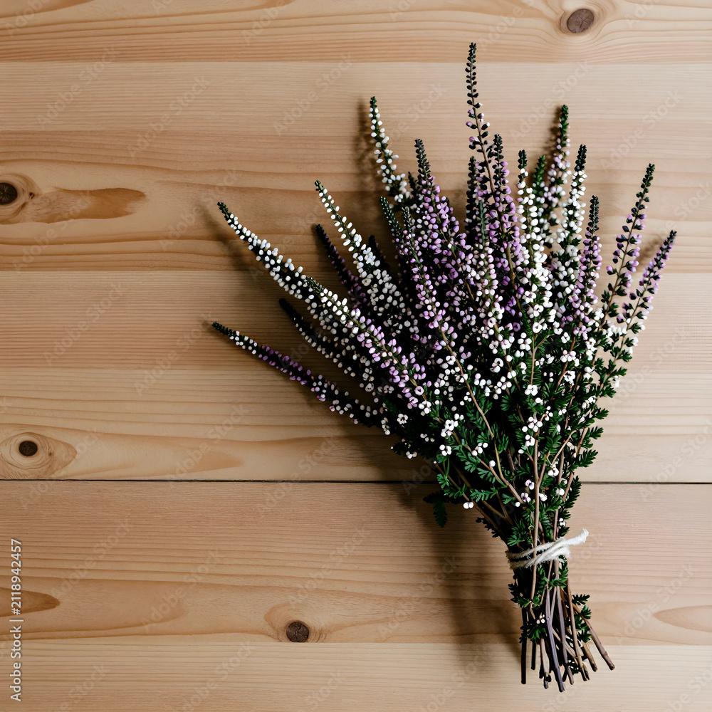 Obraz premium Small bouquet of purple and white heather flowers tied with twine on a light wooden table, natural decor and rustic charm