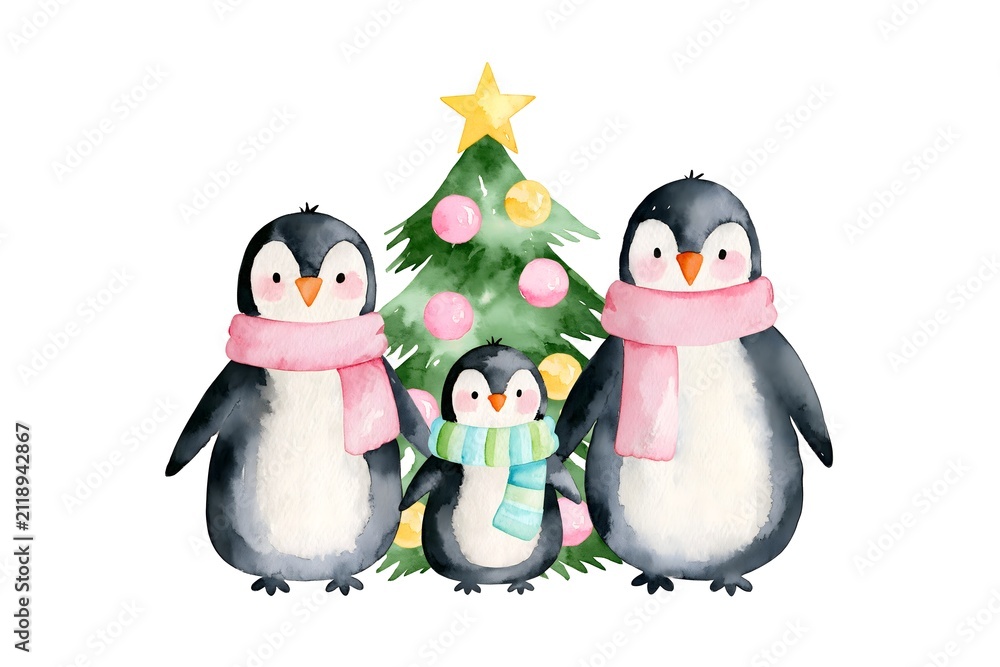 Fototapeta premium Cute Watercolor Illustration of a Penguin Family with Pink Scarves and a Decorated Christmas Tree. Hand Painted Watercolor Penguin Family