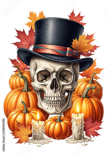 ultra-realistic watercolor of a detailed skull in a velvet top hat, nestled in maple leaves and lit candles, against a transparent backdrop. concept of high-end gothic autumn celebration