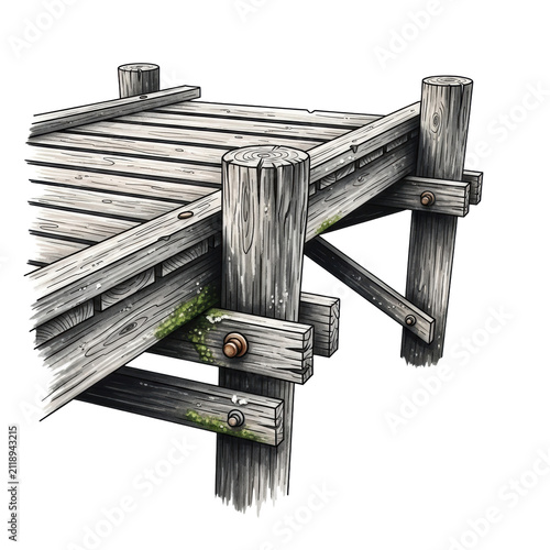 ultra-photorealistic watercolor illustration of a heavily weathered rustic wooden pier segment showing deep grain and salt decay, isolated on white. concept of tranquil solitude