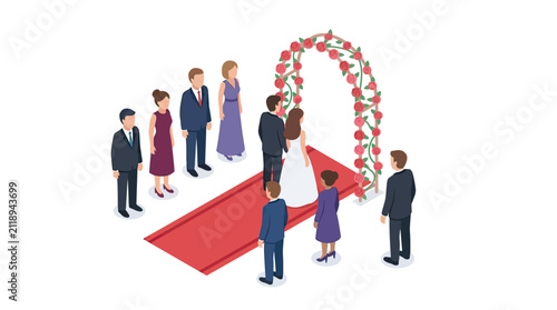 Dynamic Wedding Ceremony Featuring Formal Attire Red Carpet Floral Arch and Couple Exchanging Vows