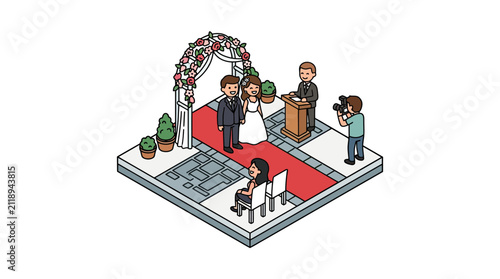 Elegant Isometric Wedding Ceremony Scene with Bride Groom Officiant Photographer and Seated Guest on Red Carpet
