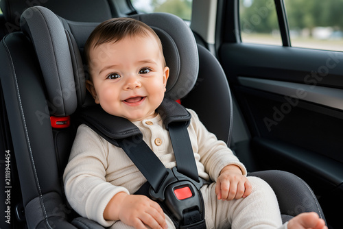 Happy baby sitting in a car seat with safety straps fastened  